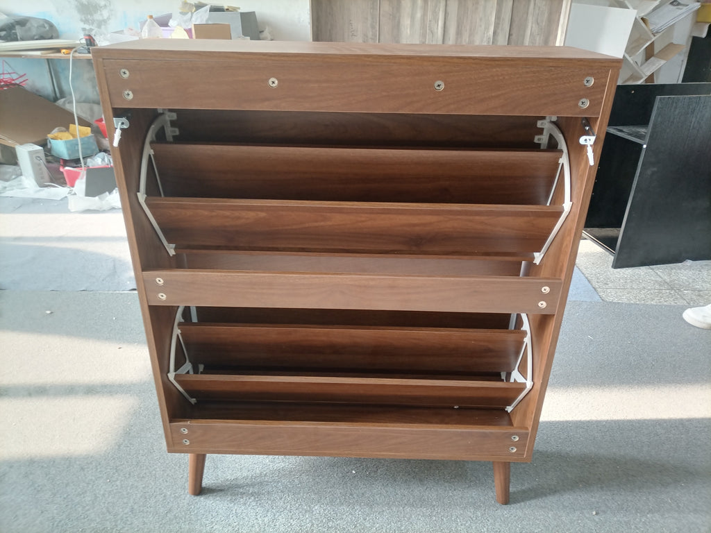Medieval Modern Independent Shoe Cabinet with 2 Flip Drawers, Walnut MDF, 31.5-inch - Grand Goldman Shop