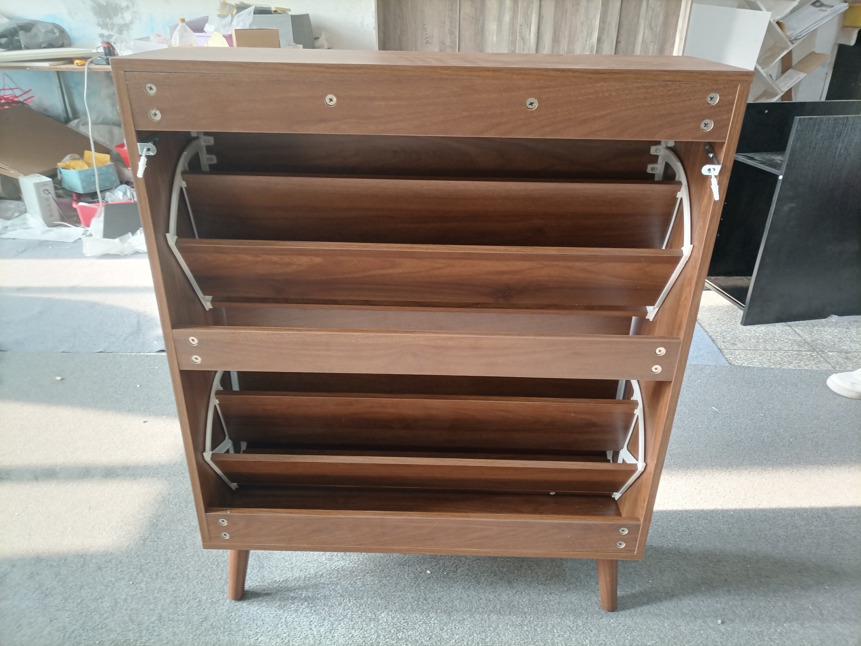 Medieval Modern Independent Shoe Cabinet with 2 Flip Drawers, Walnut MDF, 31.5-inch - Grand Goldman Shop