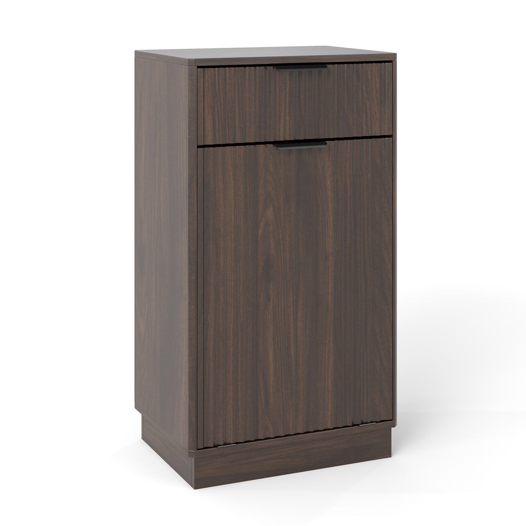 Woodgrain Tilt-Out Trash Can Cabinet with Wave-Textured Drawer & Pull-Out Bin in Walnut Finish - Grand Goldman Shop