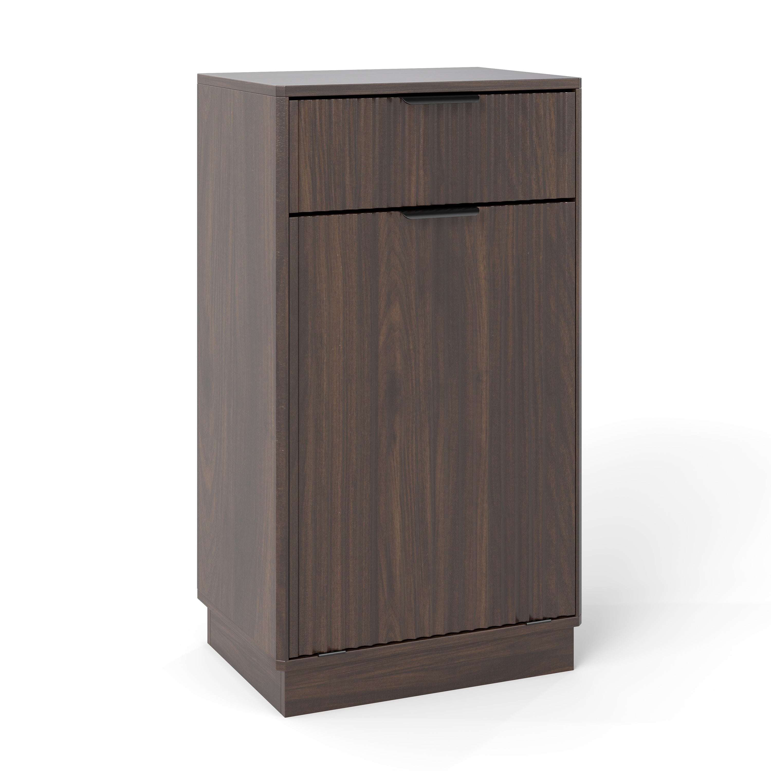 Woodgrain Tilt-Out Trash Can Cabinet with Wave-Textured Drawer & Pull-Out Bin in Walnut Finish - Grand Goldman Shop