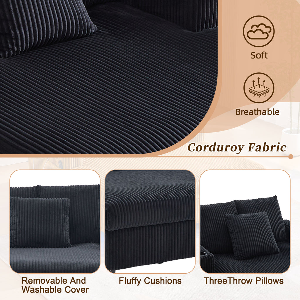 UNITED WE WIN Modern Corduroy Oversized Recliner Sofa with Deep Seat, 3 Pillows, USB Charging, RGB LED Light Strip, Cup Holder, Side Pocket - Suitable for Living Room and Bedroom - Grand Goldman Shop