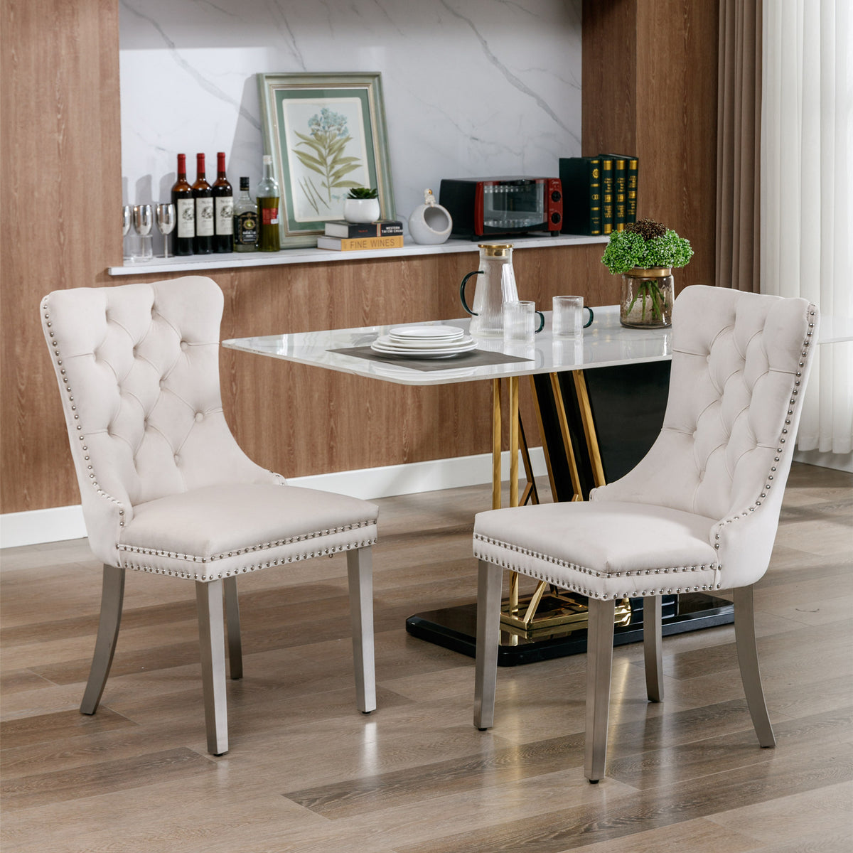 Nikki Collection Modern, High-end Tufted Solid Wood Contemporary Velvet Upholstered Dining Chair with Chrome Stainless Steel Plating Legs,Nailhead Trim,Set of 2，Beige and Chrome, SW1701BG - Grand Goldman Shop