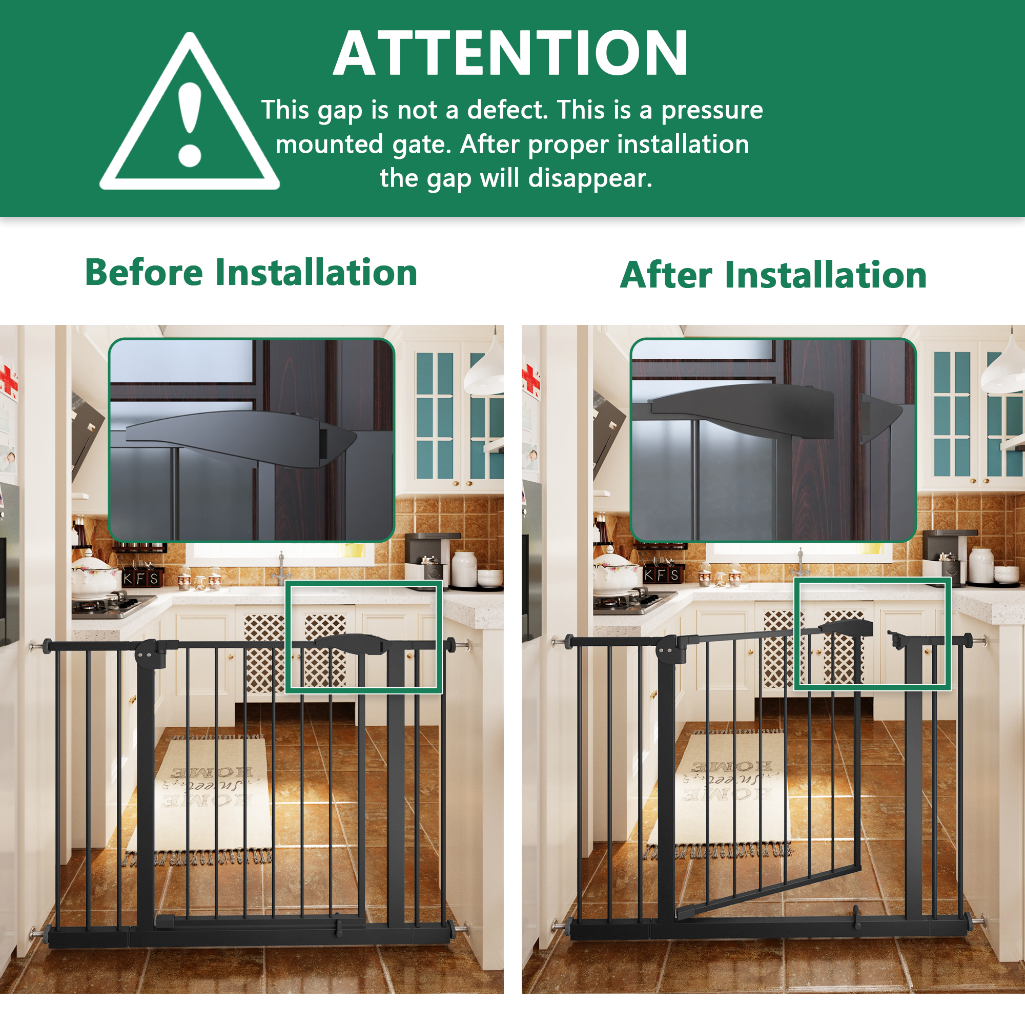 Black Pressure-Mounted Baby Gate for Stairs and Doorways, 29.5-44.1' Wide, Steel and ABS Construction, Easy Walk-Through Safe
