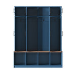 Farmhouse Hall Tree with 4 Hidden Hanging Hooks, Versatile Walnut Seating Bench with 8 Doors, Entryway Shoe Cabinet with Open Compartment for Living Room, Blue (OLD SKU:N721S000059C) - Grand Goldman Shop