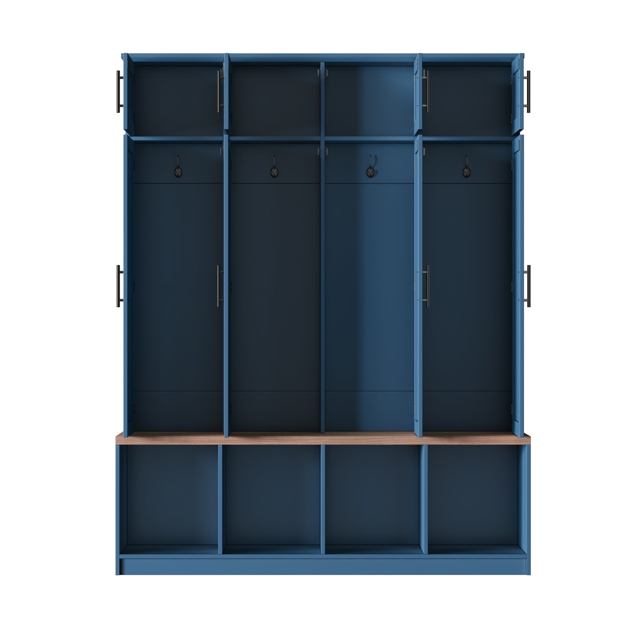 Farmhouse Hall Tree with 4 Hidden Hanging Hooks, Versatile Walnut Seating Bench with 8 Doors, Entryway Shoe Cabinet with Open Compartment for Living Room, Blue (OLD SKU:N721S000059C) - Grand Goldman Shop