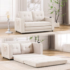 {VIDEO Provided}3-in-1 Upholstered Futon Sofa Convertible Sofa bed,Foldable Tufted Loveseat with Pull Out Sleeper Couch Bed,Folding Mattres Love Seat Daybed W/Side Pockets and Cup Holder, Beige - Grand Goldman Shop