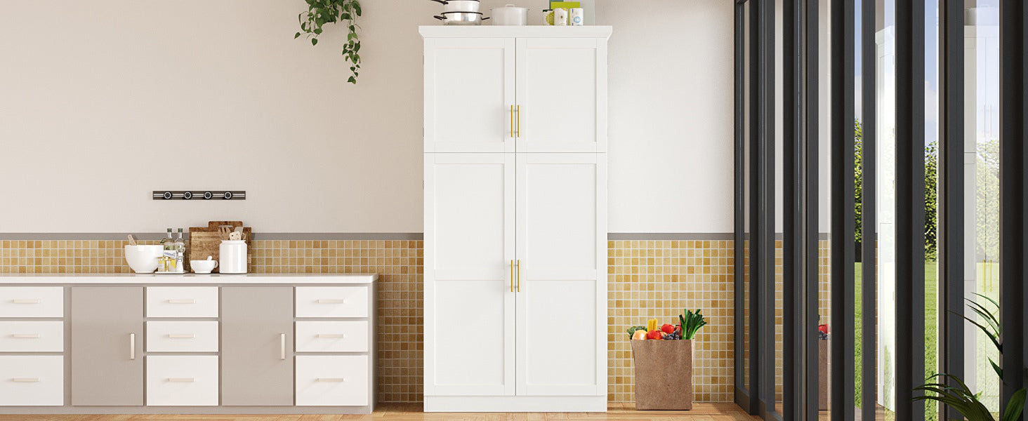 [Assembly Video Provided] TOPMAX 35.5x17.6x70.9inch Freestanding Kitchen Pantry Cabinet, Tall Storage Cabinet with 4 Doors, 2 Door Shelves, 8 Pull-out Trays and Adjustable Shelf for Dining Room, White - Grand Goldman Shop