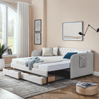 Linen Beige Twin Size Upholstered Daybed with Trundle and Storage Drawers, Flat Arms with Pocket, Extendable for Bedroom or Living Room - Grand Goldman Shop