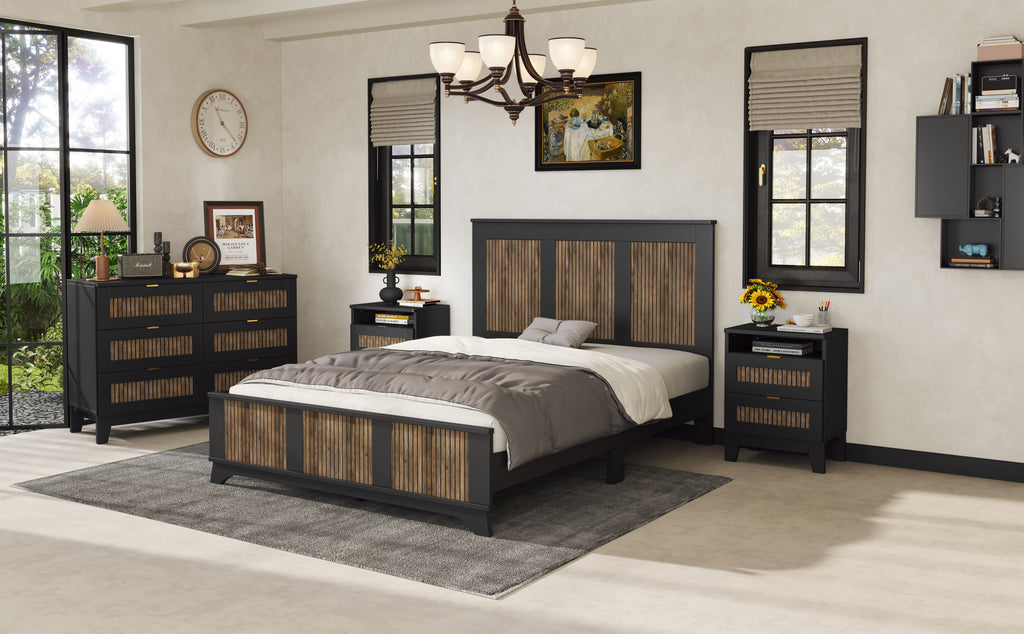 4-Pieces Bedroom Sets, Queen Size Farmhouse Platform Bed with Wooden Strip Stickers Decoration, Storage Nightstand and Dresser with Metal Handle, Black(Old SKU: HL000191AAB) - Grand Goldman Shop