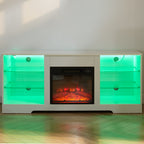 TV Stand Electric Fireplace TV Stand with Glass Shelves, 3D Fireplace TV Stand with LED Lights Wood with USB Charging Outlet Modern Television Table Center for TV up to 32-62' White 58''W*15.4''D*24.6 - Grand Goldman Shop