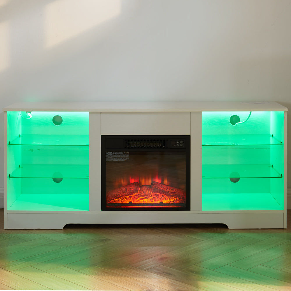 TV Stand Electric Fireplace TV Stand with Glass Shelves, 3D Fireplace TV Stand with LED Lights Wood with USB Charging Outlet Modern Television Table Center for TV up to 32-62' White 58''W*15.4''D*24.6 - Grand Goldman Shop