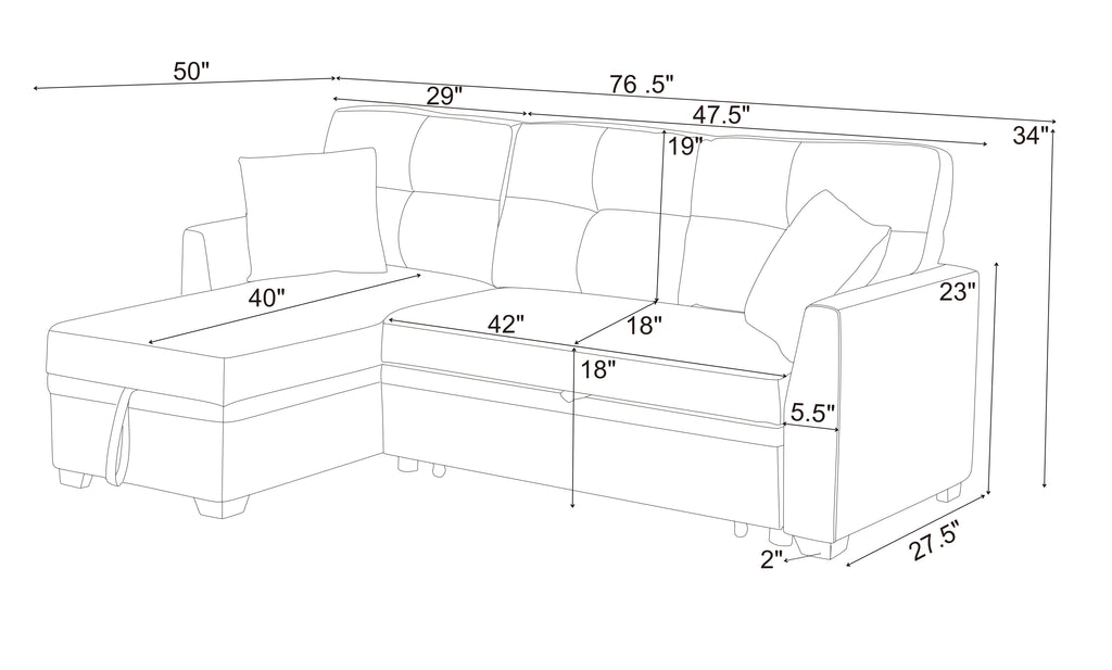 76.5' Linen Blend Upholstered Sectional with Pull-Out Bed and Chaise Storage - Grand Goldman Shop