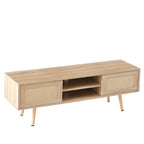 Natural Rattan TV Cabinet with Double Sliding Doors, Adjustable Shelf, Solid Wood Legs, 55.12 Inches - Grand Goldman Shop