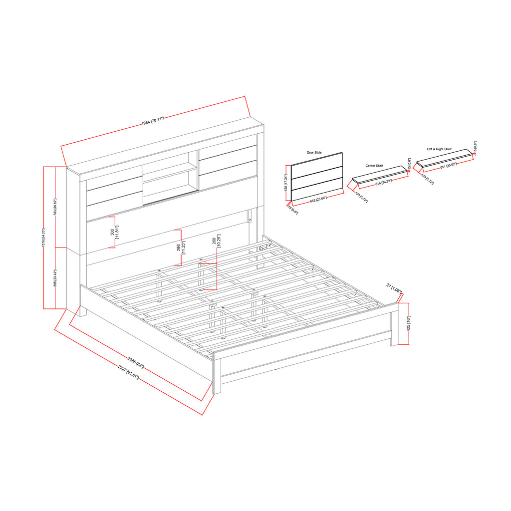 Urban Farmhouse King Size Bed with Bookcase, Dark Gray and Black, Solid Wood and MDF - Grand Goldman Shop