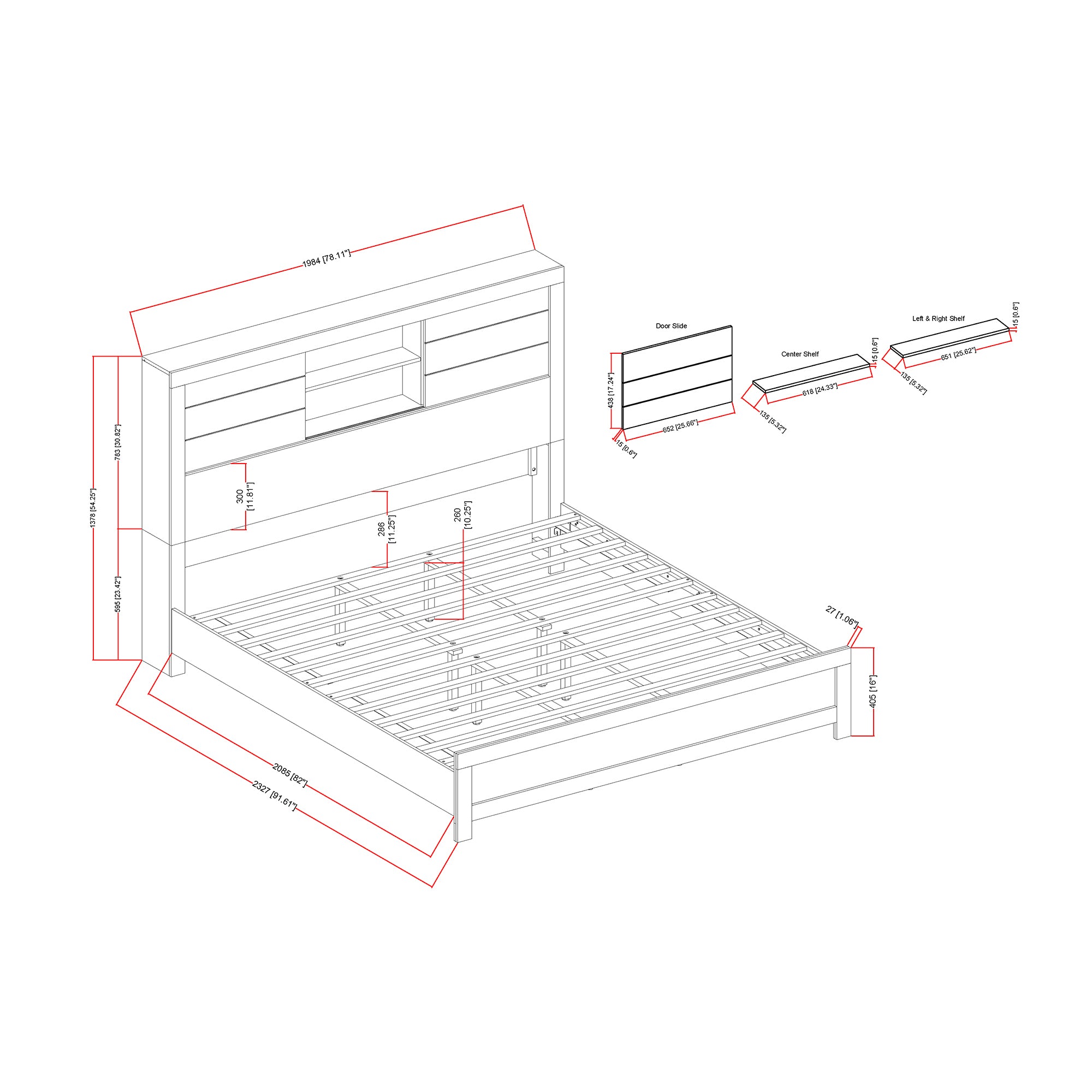 Urban Farmhouse King Size Bed with Bookcase, Dark Gray and Black, Solid Wood and MDF - Grand Goldman Shop