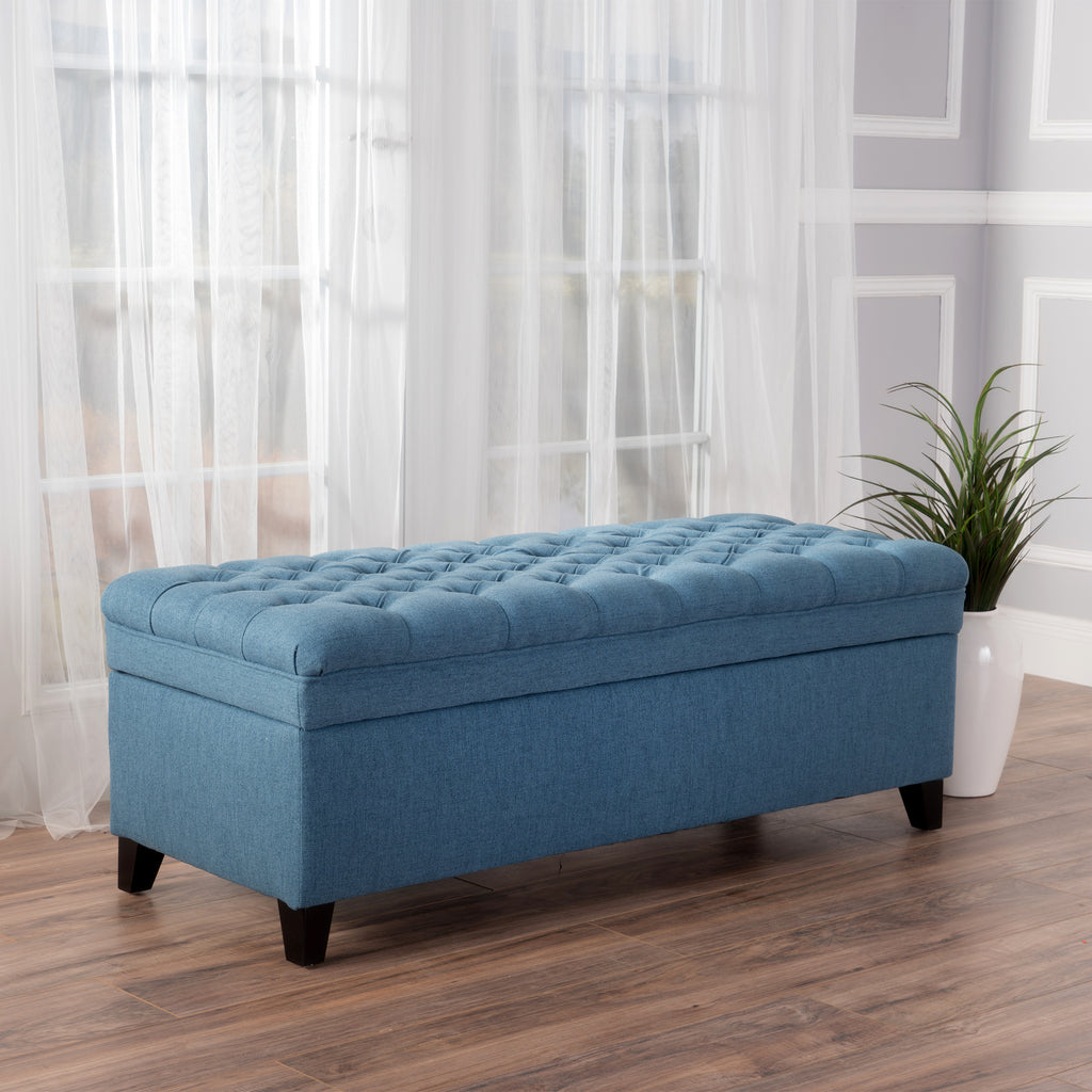 Juliana Storage Ottoman with Stylish Design in Blue Fabric and Birch Legs - Grand Goldman Shop