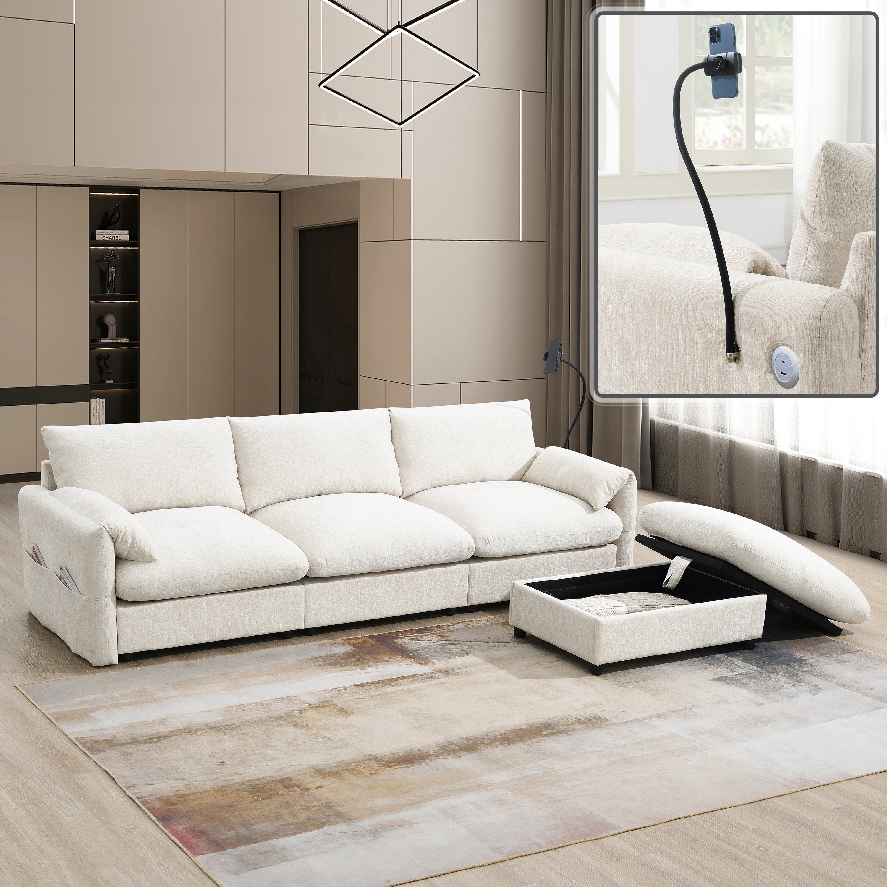 [VIDEO]96.5'' L-Shaped Sectional Sofa with Storage Ottoman and Pockets, Adjustable Phone Holder, USB Charger, Elephant Ear-Shaped Armrests, Comfy Seat for Living Room&Apartment, Chenille, 3 Colors - Grand Goldman Shop
