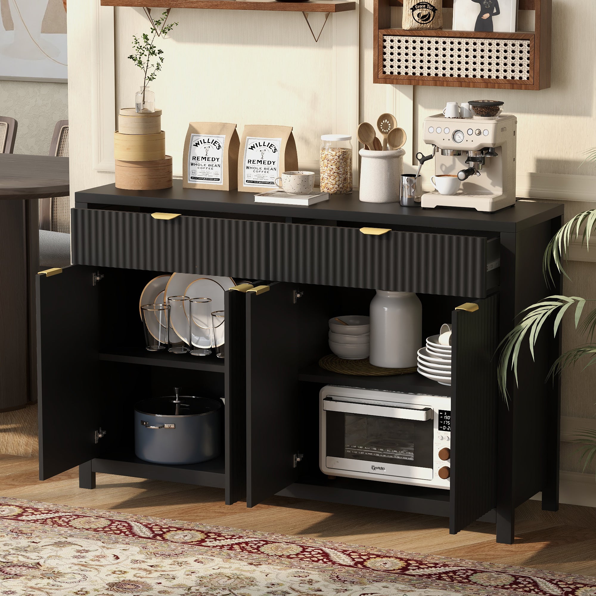 U_STYLE Modern 55.1'' Sideboard Buffet Cabinet with 2 Drawers & 4 Doors, Adjustable Shelves, Wave-Pattern Design, Aluminum Handles, Painted MDF, Scandinavian Storage for Dining Room, Living Room - Grand Goldman Shop