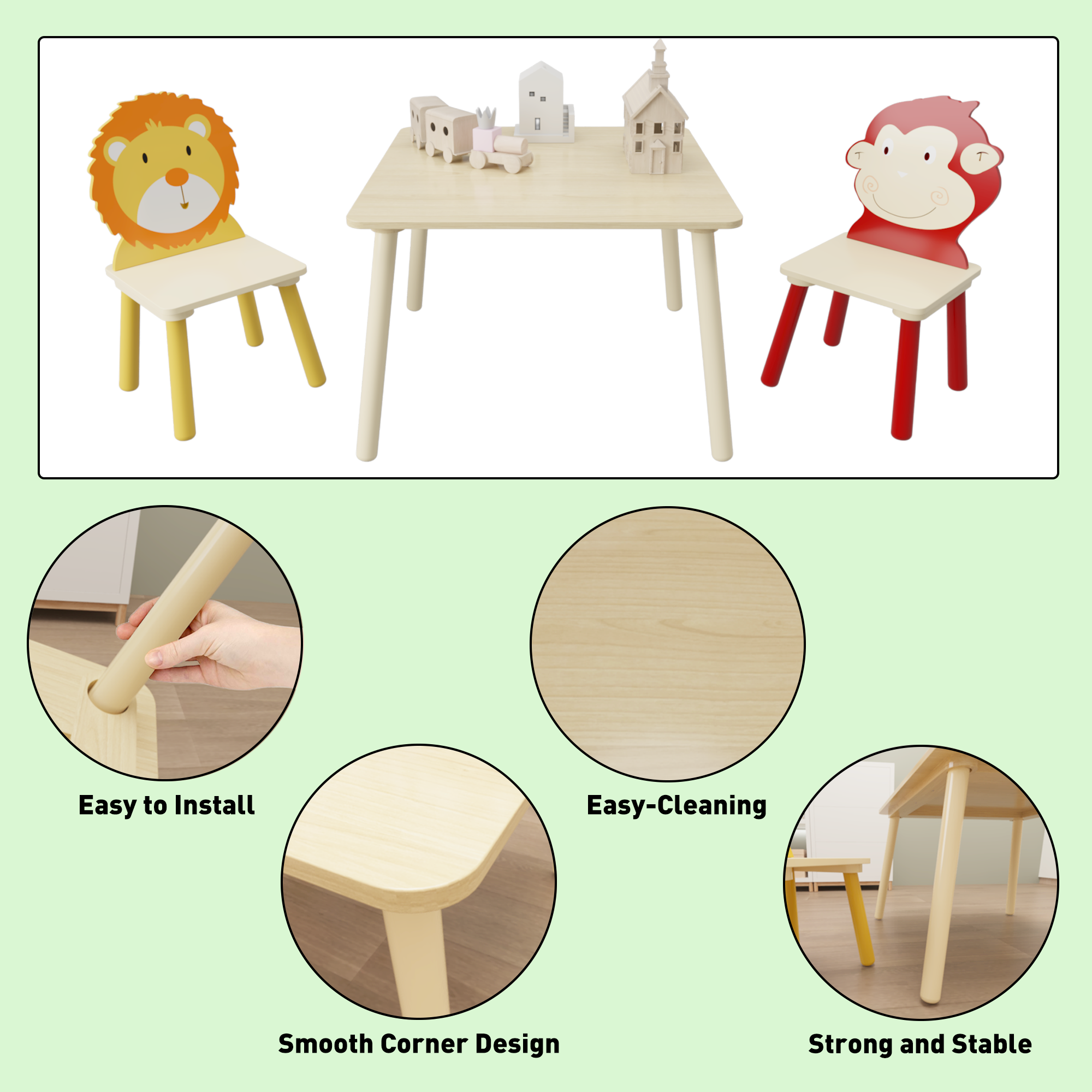 Lion & Monkey Wooden Activity Play Table Set for Kids, 3-Piece Toddler Table and Chair Set in Yellow & Red, Solid Wood & MDF,