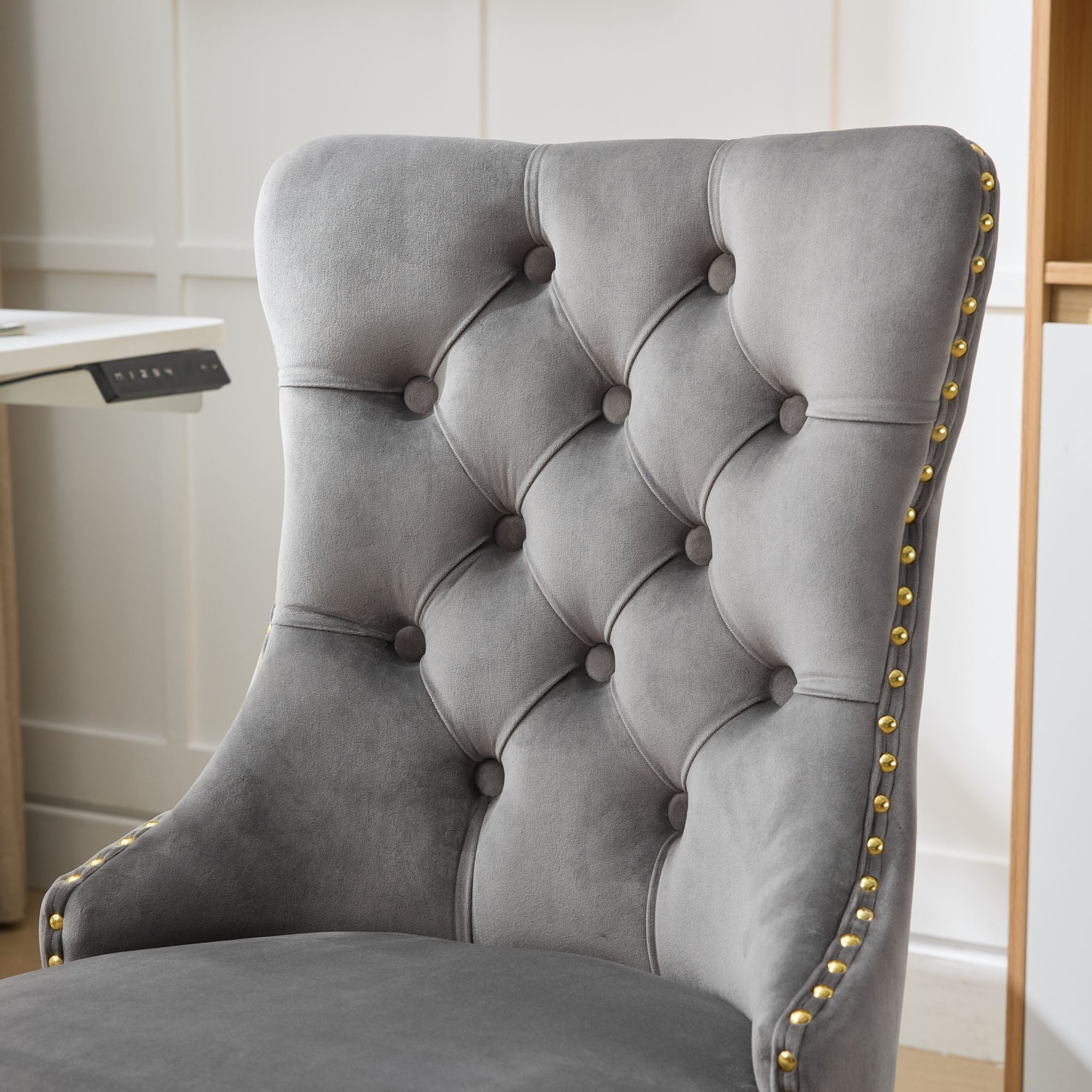 A&A Furniture Office Chair,Modern Velvet Upholstered Tufted Button Home Office Chair with Golden Metal Base,Adjustable Desk C