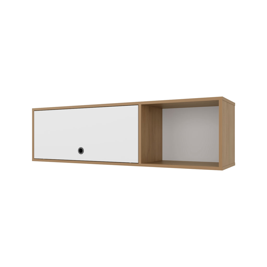 Roslyn Wall-Mounted Cabinet with Lift-Up Door, Open Compartments, Natural Oak and White - Grand Goldman
