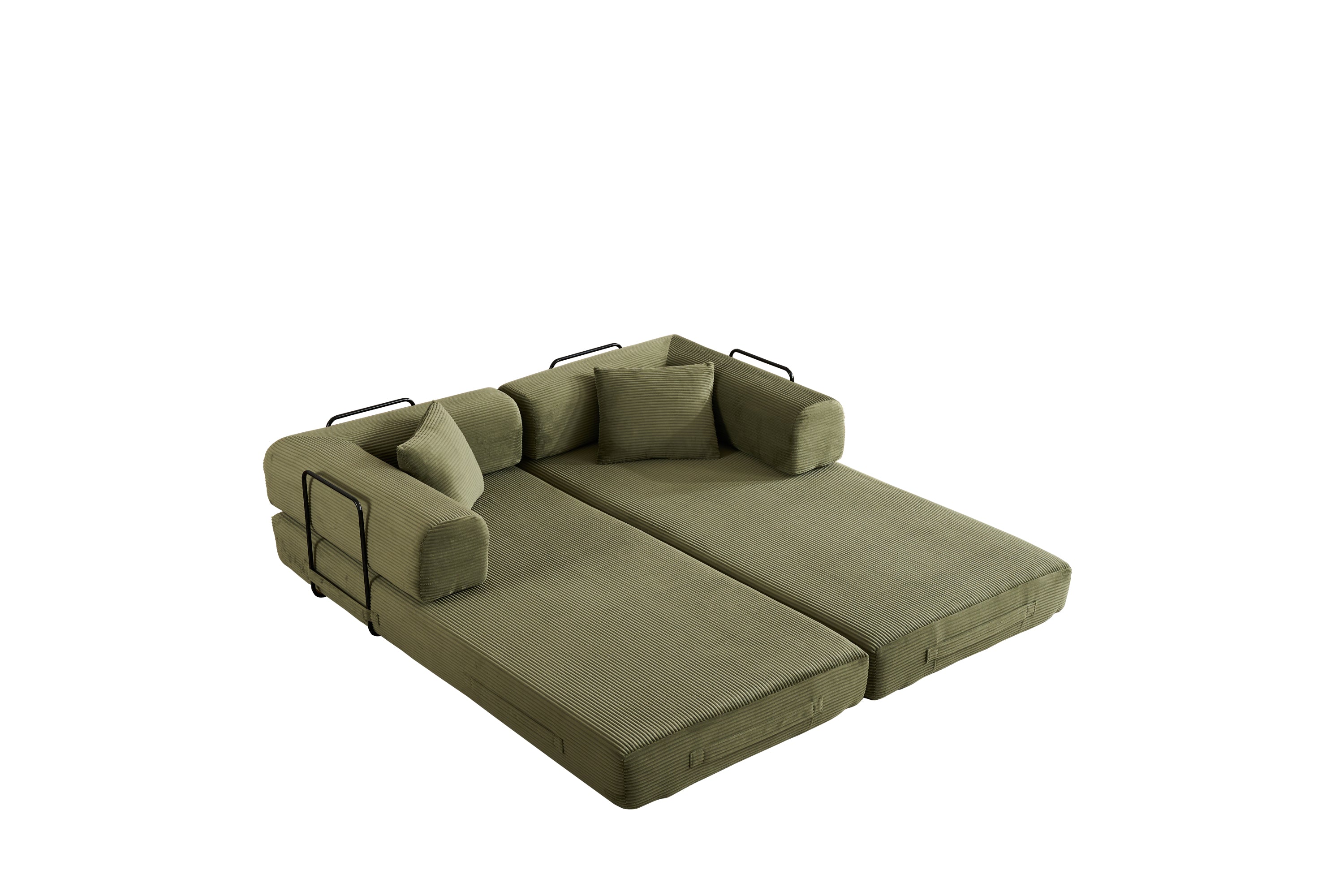 Convertible Sleeper Sofa Bed with Cylindrical Pillow, Corduroy Folding Mattress Couch with Fixed-Shape Frame, Floor Sofa Lounge Couch for Living Room Bedroom (Green) - Grand Goldman Shop