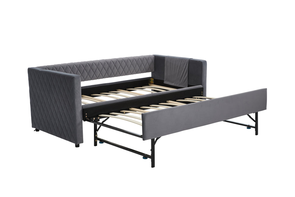 Grey velvet daybed, sturdy wooden bed frame, modern diamond grid pull-out design, perfect for bedroom, living room furniture - Grand Goldman Shop
