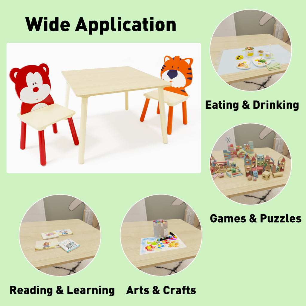 Kids Table and 2 Chairs Set, Wooden Activity Play Table Set with Bear & Tiger Design in White & Orange, Solid Wood and MDF Co