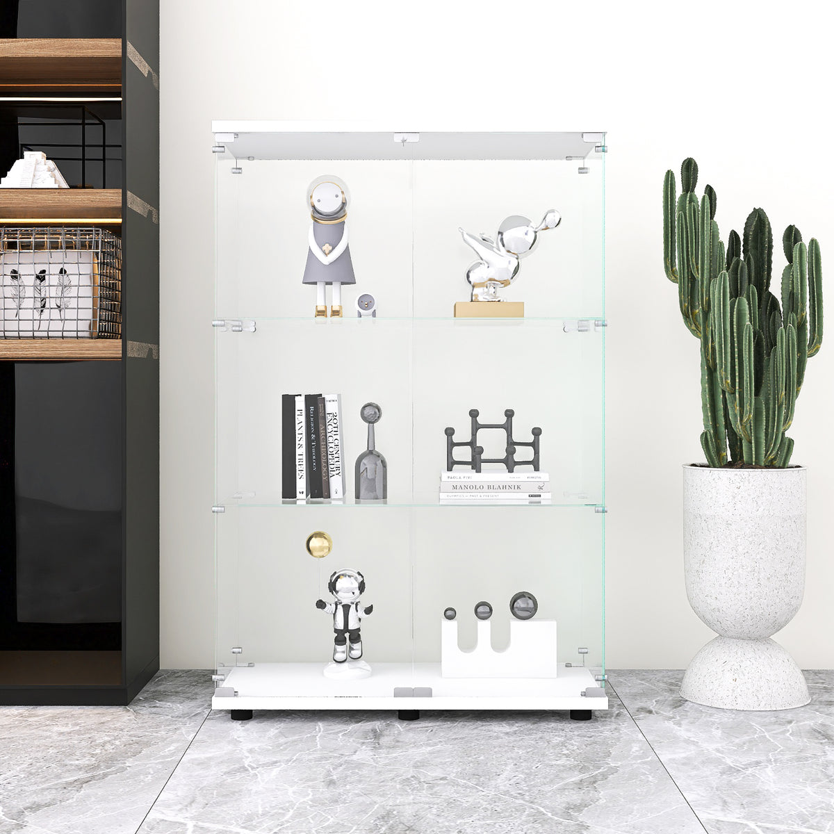 Two-door Glass Display Cabinet 3 Shelves with Door, Floor Standing Curio Bookshelf for Living Room Bedroom Office, 49.3'*31.7