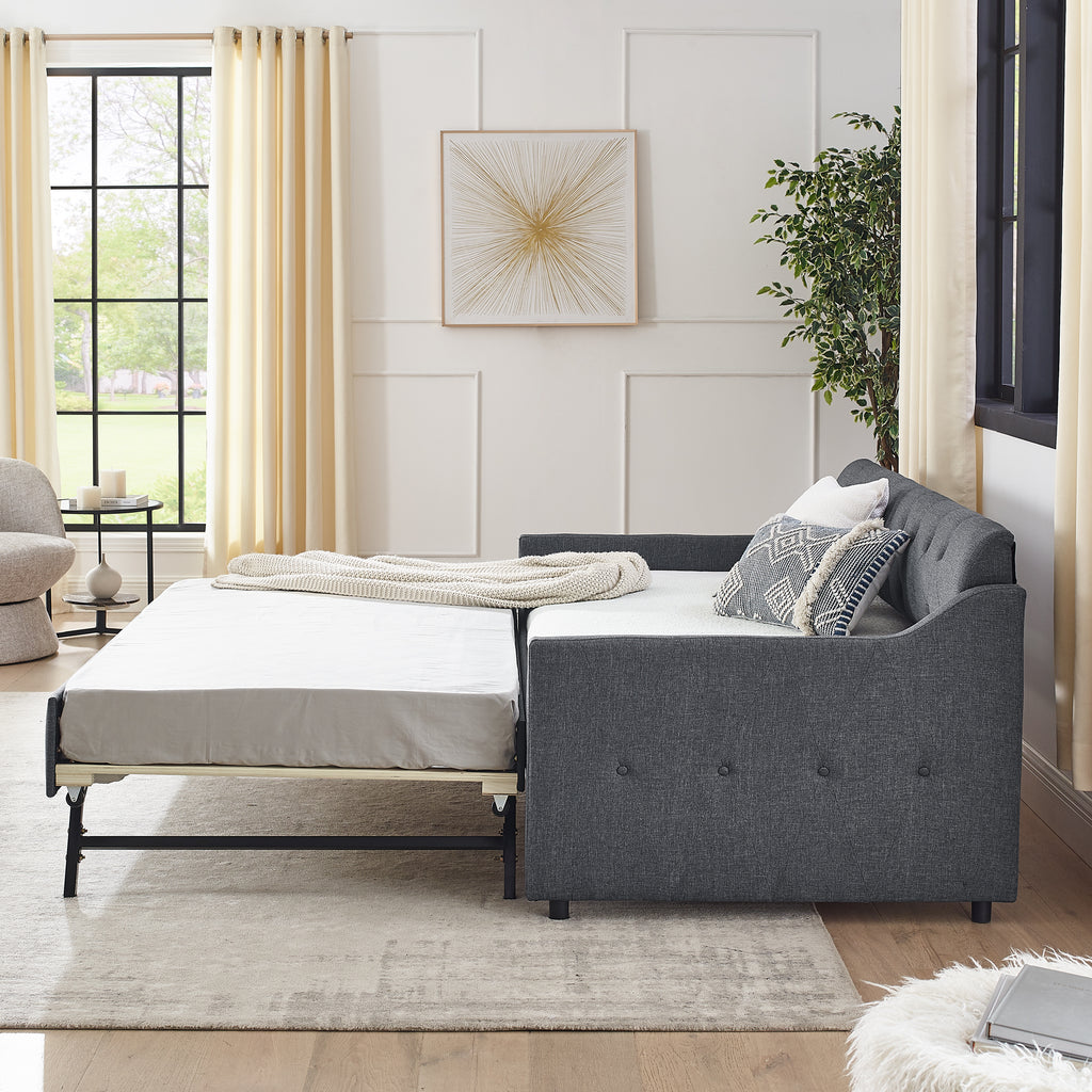 Twin Size Upholstered Daybed with Trundle and USB Charging, Dark Gray Linen - Grand Goldman Shop
