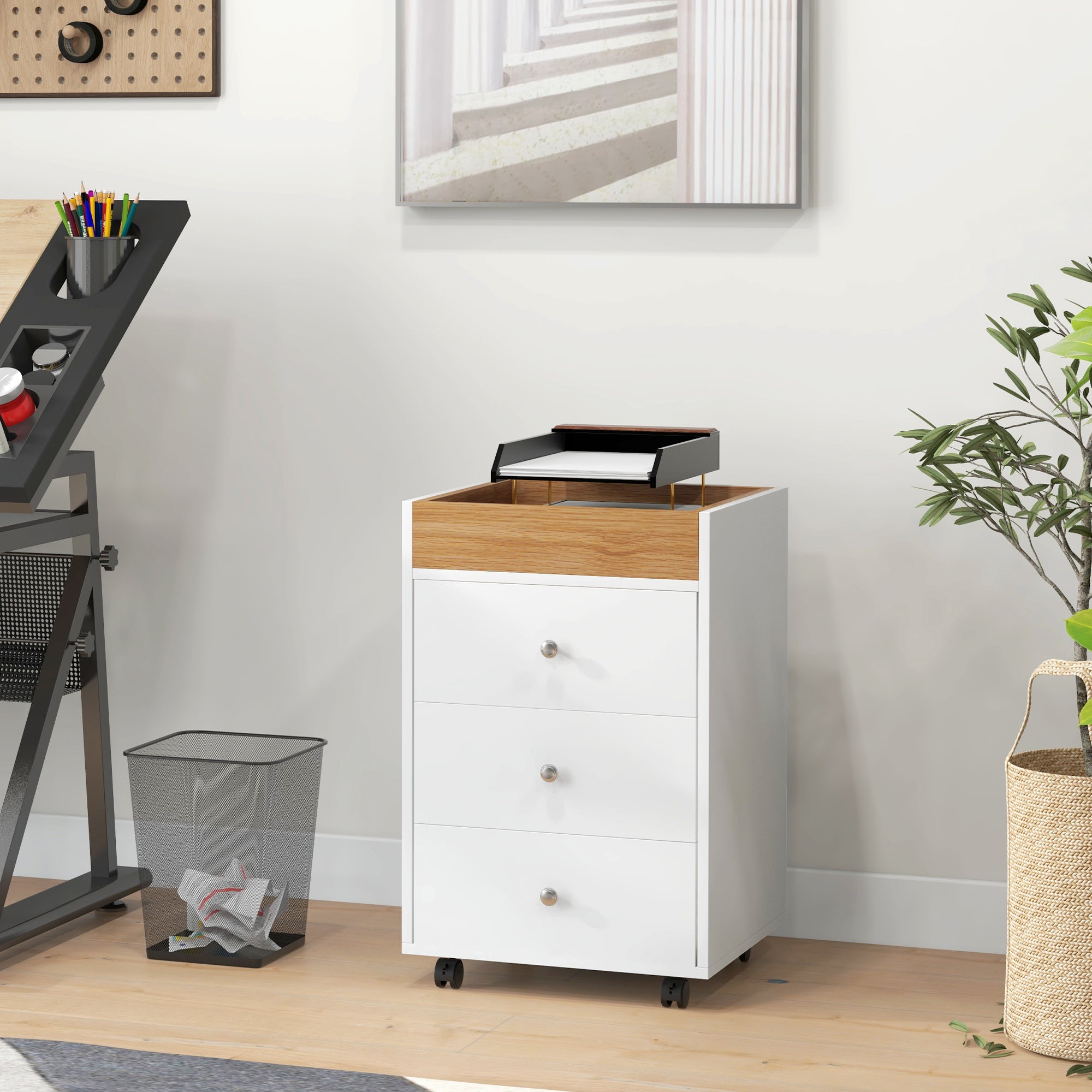 HOMCOM 3 Drawer Home Office Storage Cabinet, Office Drawer on Wheels with Removable Tray, Under Desk Printer Stand with Stora