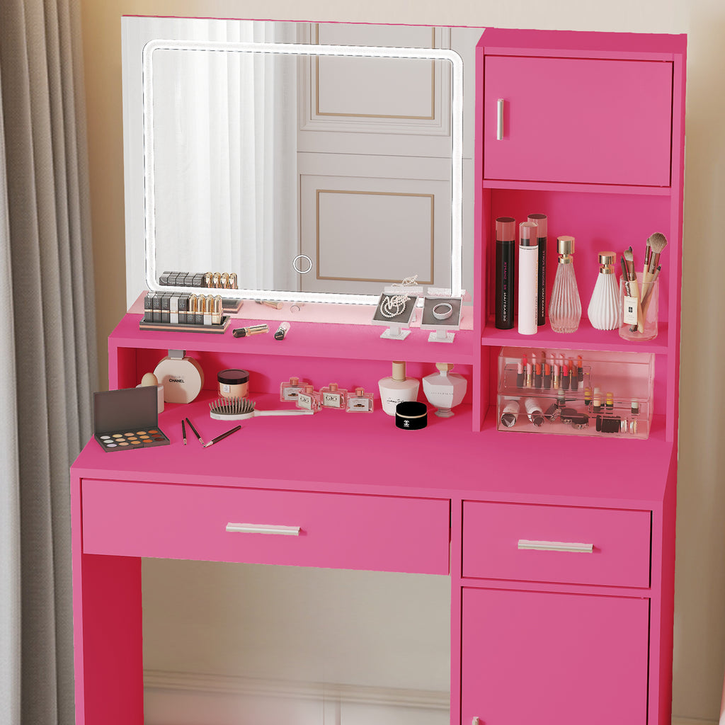 Vanity Desk with Mirror and LED Light Strip,Dressing Table with Large Drawer, 3 Level Storage Dresser & 3 Lighting Modes Adjustable Brightness, Suitable for Bedroom(Rose Pink) - Grand Goldman Shop