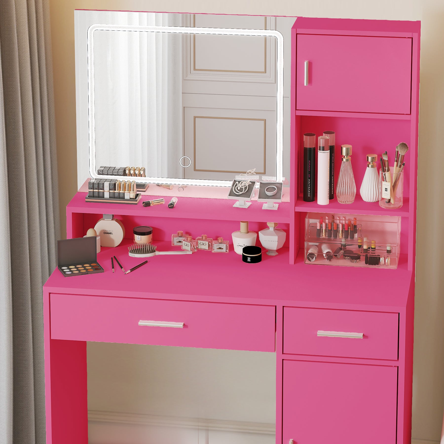 Vanity Desk with Mirror and LED Light Strip,Dressing Table with Large Drawer, 3 Level Storage Dresser & 3 Lighting Modes Adjustable Brightness, Suitable for Bedroom(Rose Pink) - Grand Goldman Shop