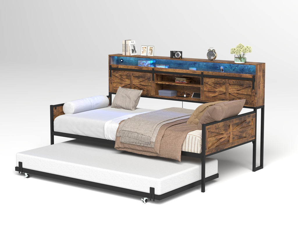 Twin Daybed with Trundle, Farmhouse Daybed Frame with Sliding Barn Door Headboard and Charging Station & LED Light for Bedroom and Guest Room, Rustic Brown - Grand Goldman Shop