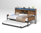 Twin Daybed with Trundle, Farmhouse Daybed Frame with Sliding Barn Door Headboard and Charging Station & LED Light for Bedroom and Guest Room, Rustic Brown - Grand Goldman Shop