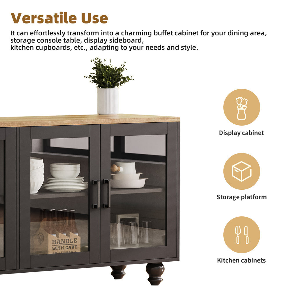 ON-TREND Farmhouse TV Stand with Tempered Glass Doors for TVs Up to 70', Versatile Sideboard with Adjustable Shelves, Elegant Buffet Cabinet with 5 Solid Wood Gourd-Shaped Legs for Living Room, Black - Grand Goldman Shop
