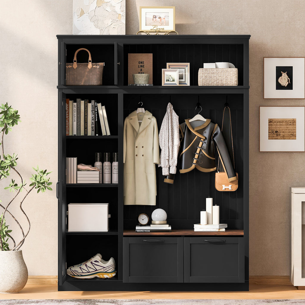 3-in-1 Hall Tree with Overhead Storage Cabinet, 3 Adjustable Side Shelves, 4 Heavy-Duty Hooks, 2 Spacious Drawers, Grooved Back Panel Design, Contrasting Seat Bench, Multifunctional Entryway Organizer - Grand Goldman Shop