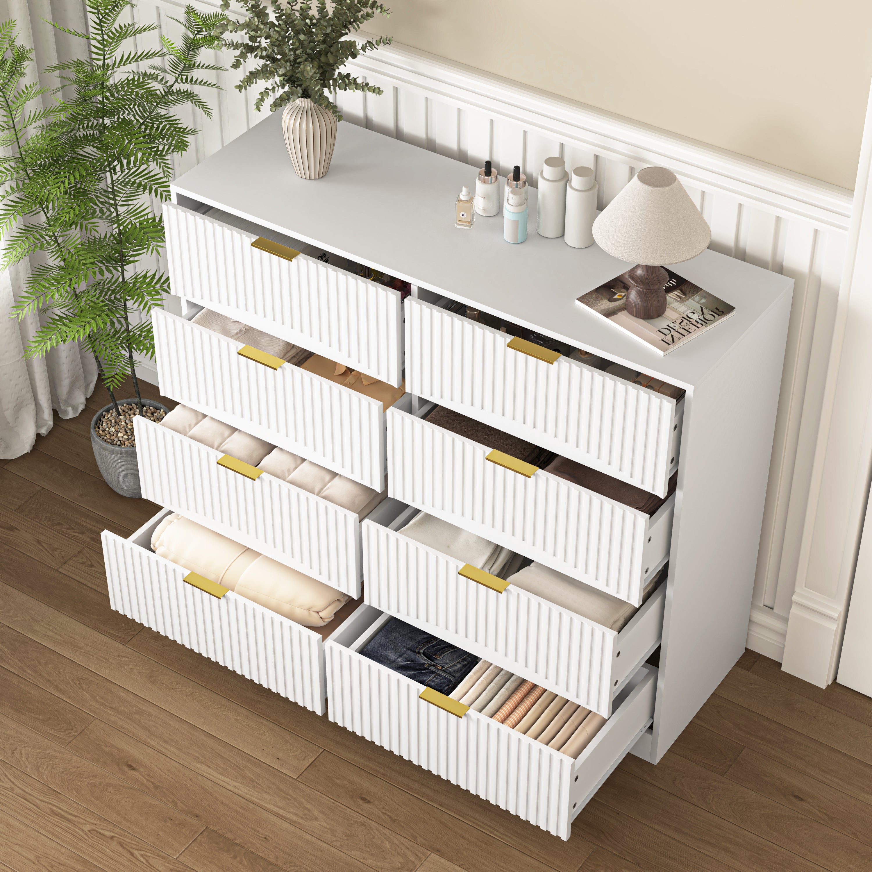 Modern 8 Drawers Dresser Chests for Bedroom,47.2' Wide Wood Chest of Drawers with Gold Metal Handle,Drawer Organizer for Bedroom,Living Room,Hallway and Entryway,White - Grand Goldman Shop