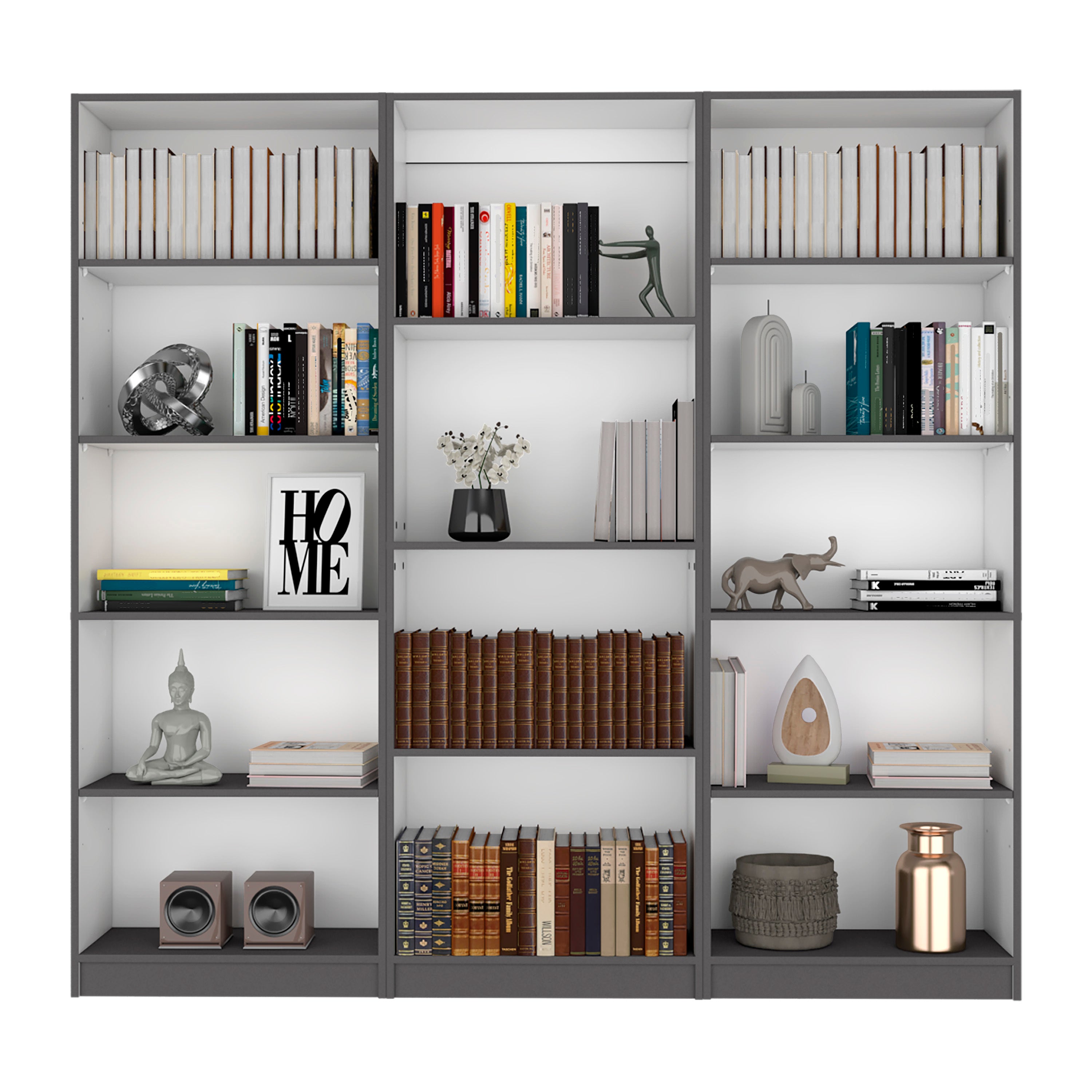 Bartow 3 Piece Home Bookcase set, 74' Wide with 14 Shelves ,  Living Room Set Set Matt Gray - White | Premium Home Decor - Gr
