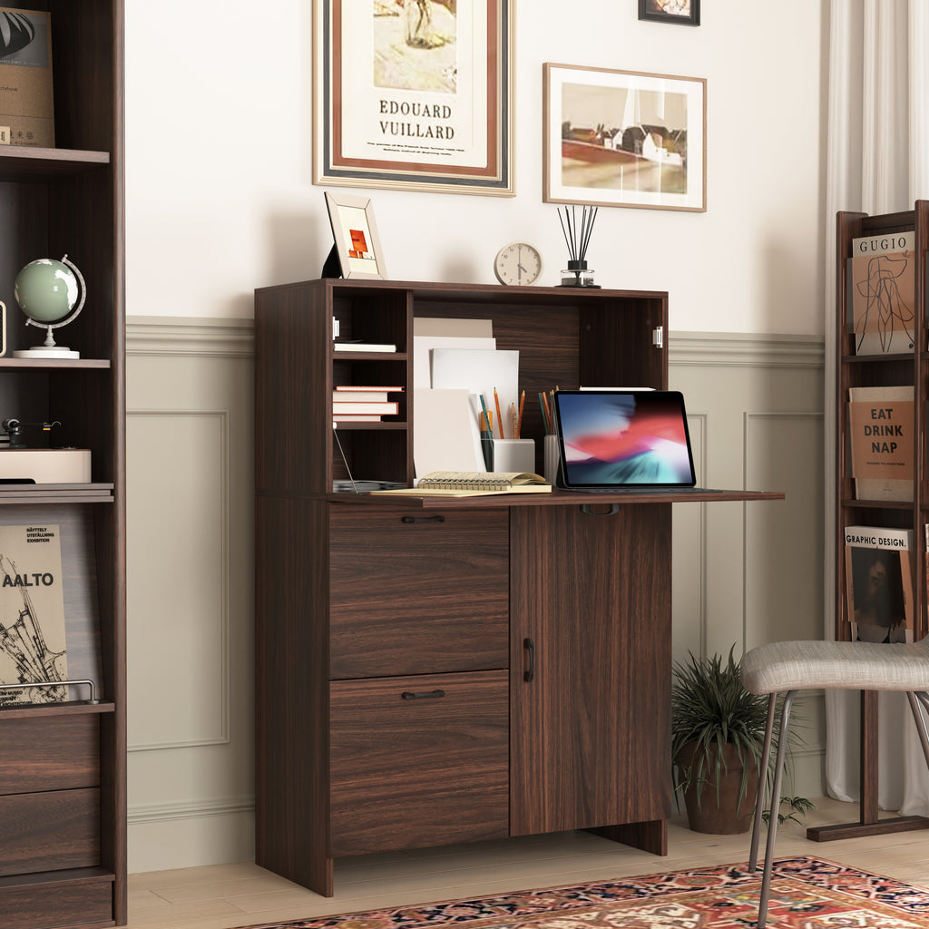 Desk Cabinet, with Storage Drawer & Shelves, Fold-up Desktop, Ideal for Home, Office, Kitchen storage organizer, Dormitory, Small Spaces W31.49'xD13.78'xH47.2' - Grand Goldman Shop