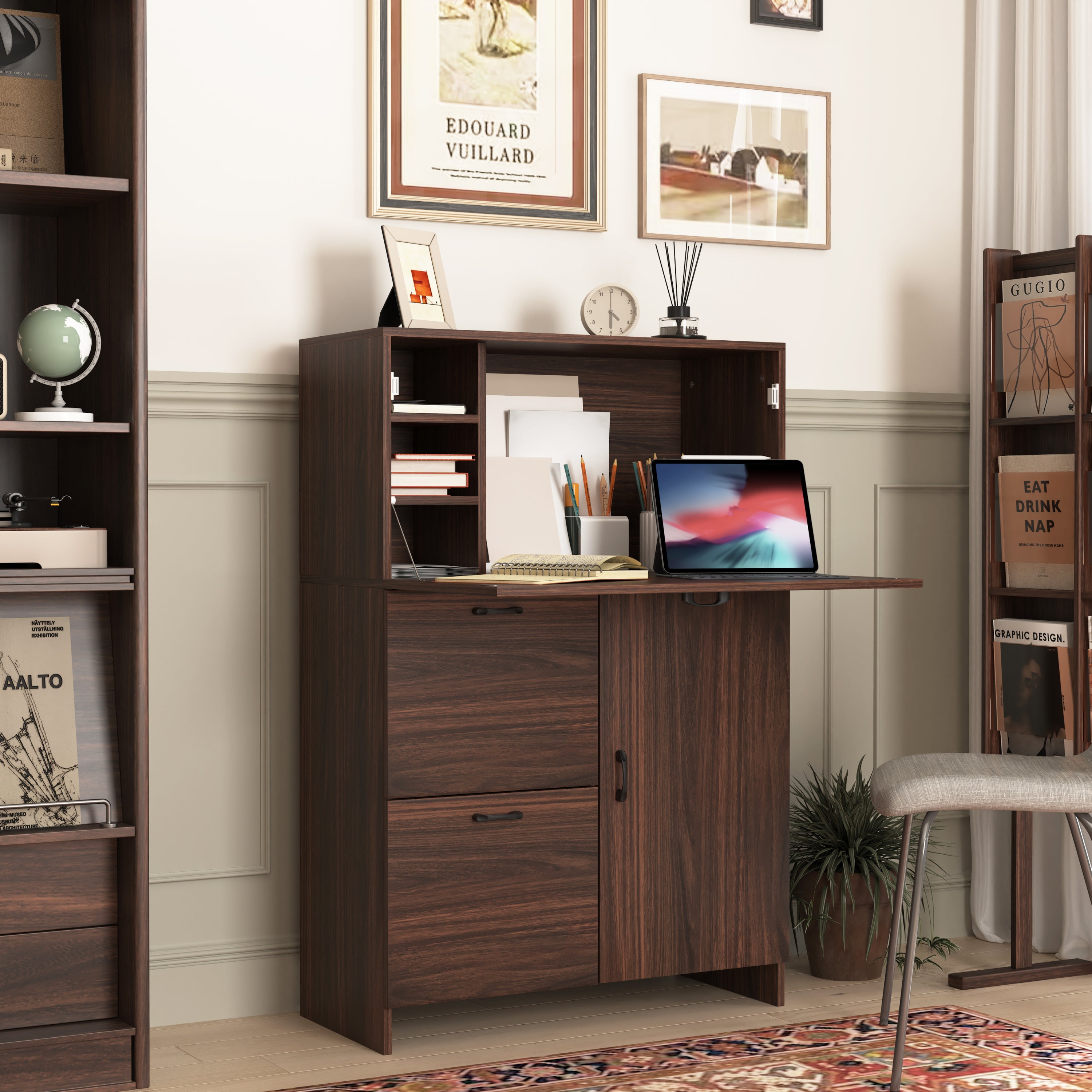 Desk Cabinet, with Storage Drawer & Shelves, Fold-up Desktop, Ideal for Home, Office, Kitchen storage organizer, Dormitory, Small Spaces W31.49'xD13.78'xH47.2' - Grand Goldman Shop