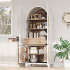 K&K 71' Tall Arched Kitchen Pantry Cabinet with Door Shelves, Farmhouse Kitchen Storage Cabinet with Open & Adjustable Shelves, Hidden Drawer & Glass Door, Cupboard for Kitchen, Dining Room, White - Grand Goldman Shop