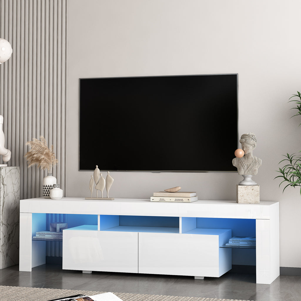 High gloss TV Stand with LED Lights for TVs up to 65'', Modern TV Console with Storage Cabinets for Living Room - Grand Goldman Shop