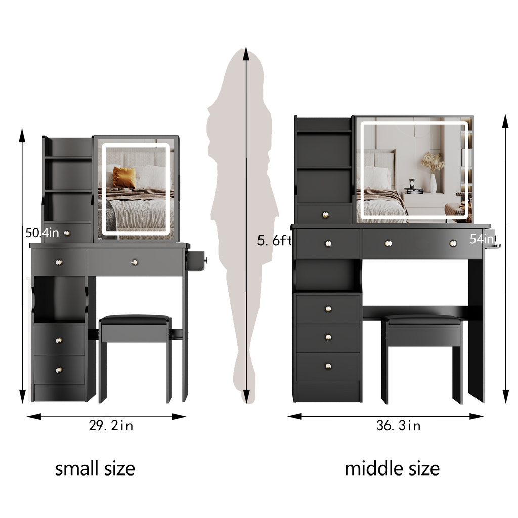 29.2' Small Size Left Drawer Desktop Vanity Table + Cushioned Stool, 2 AC+2 USB Power Station, Hair dryer bracket, Extra Large Touch Control Sliding LED Mirror, Tri-color Switching, Brightness Adjust - Grand Goldman Shop