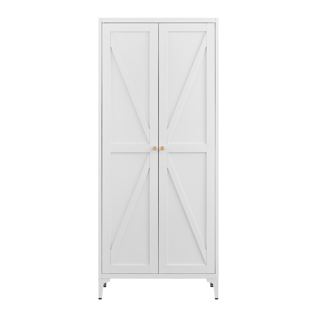 White Metal Adjustable 2-Door Storage Cabinet with Powder-Coated Steel, Striped Design, Gold Handles, 4 Adjustable Shelves fo
