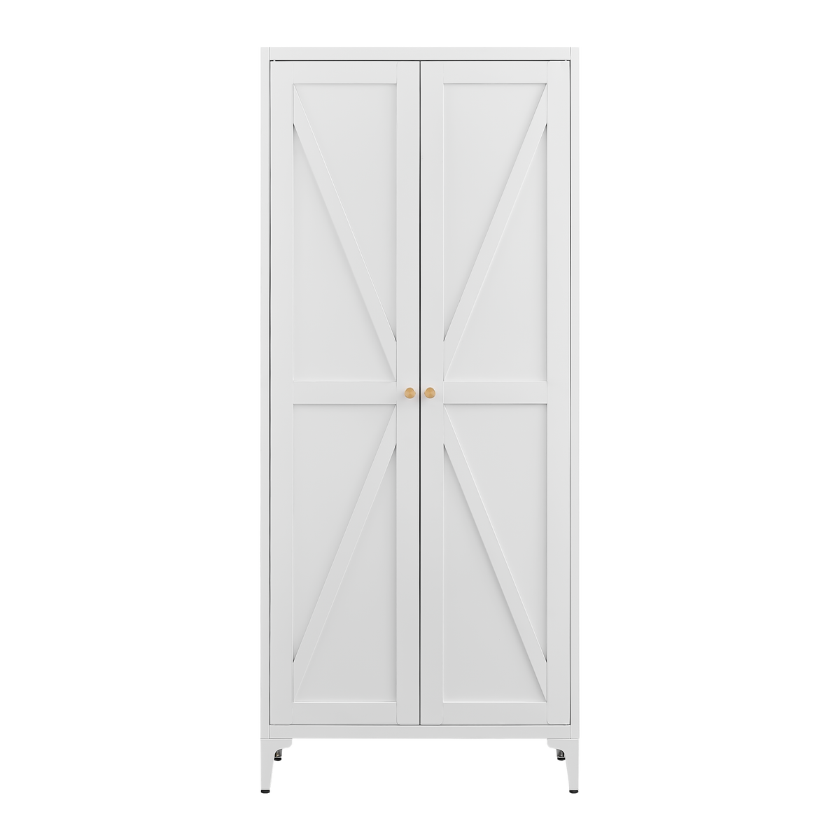 White Metal Adjustable 2-Door Storage Cabinet with Powder-Coated Steel, Striped Design, Gold Handles, 4 Adjustable Shelves fo