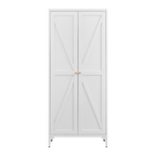 White Metal Adjustable 2-Door Storage Cabinet with Powder-Coated Steel, Striped Design, Gold Handles, 4 Adjustable Shelves fo