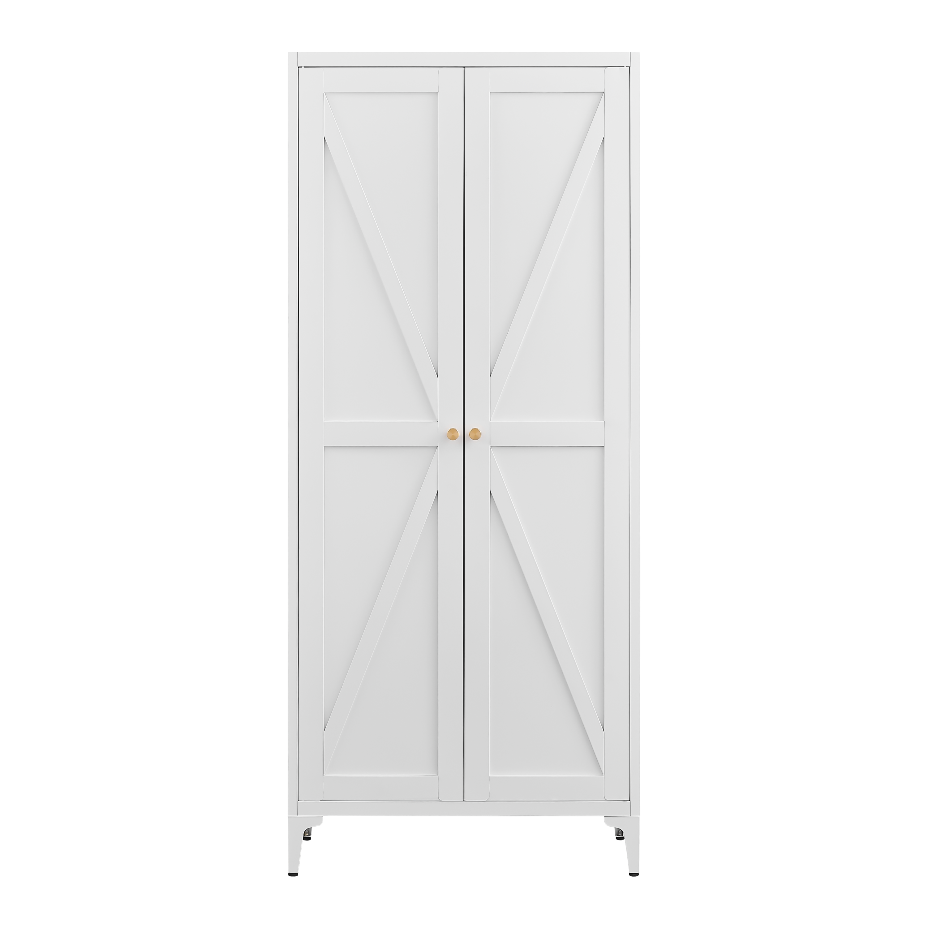 White Metal Adjustable 2-Door Storage Cabinet with Powder-Coated Steel, Striped Design, Gold Handles, 4 Adjustable Shelves fo