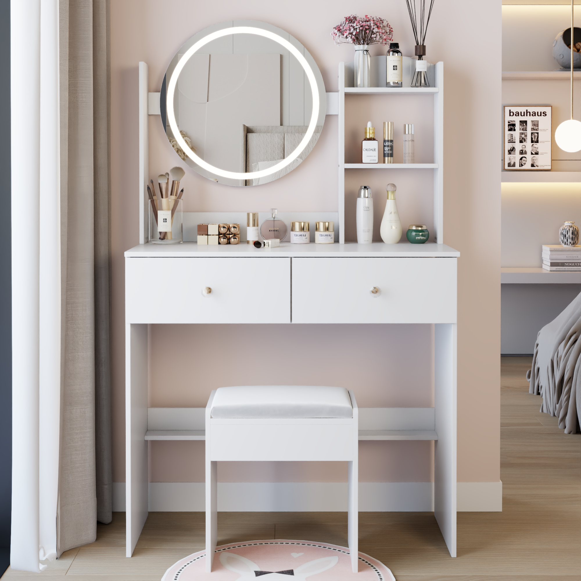 17' Round LED Mirror Vanity Table + Soft Cushion Stool Suit, Large Mirror, Touch Switch, 3 colors, Adjustable Brightness, Large Desktop, Multi-layer High Capacity Storage, Suitable For Small Space - Grand Goldman Shop