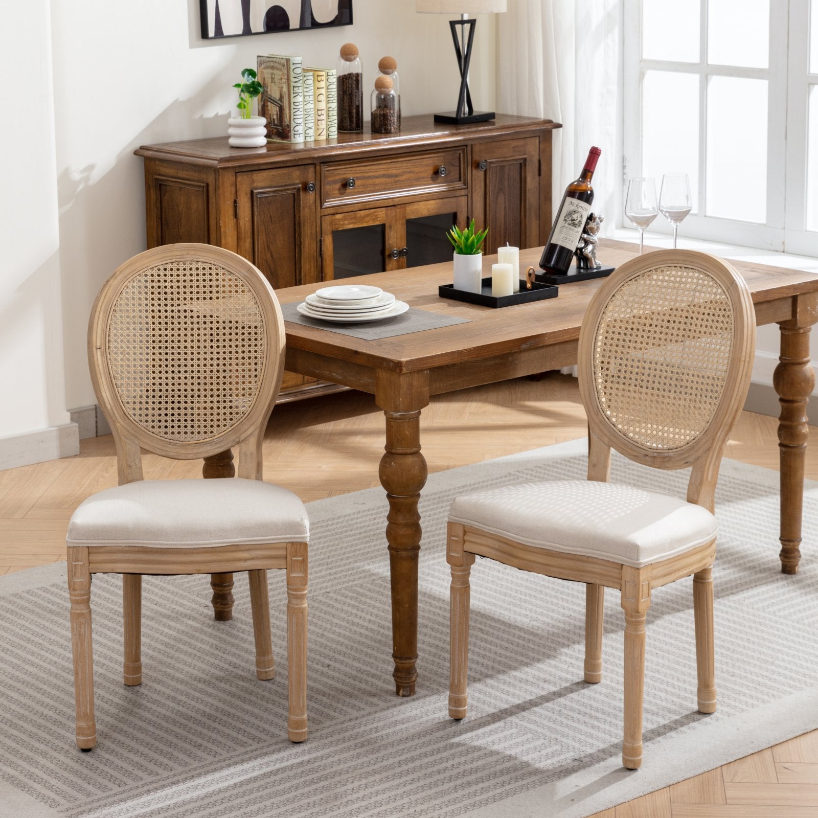 A&A Furniture,French Style Solid Wood Frame Antique Painting Linen Fabric Rattan Back Dining Chair,Set of 2,Cream,Beige - Grand Goldman Shop